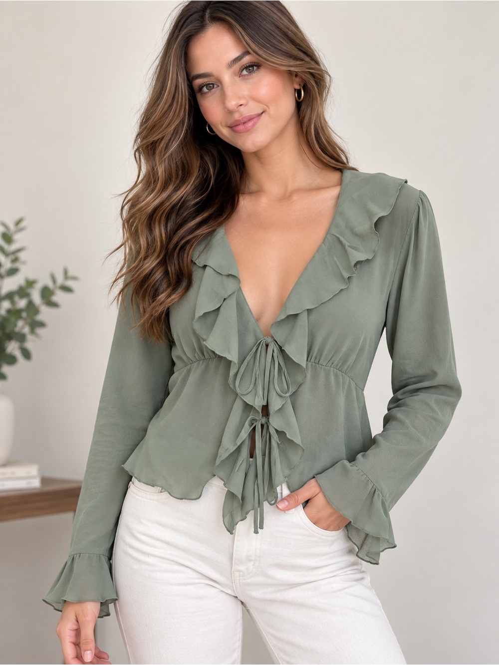 Wilfred Sage Green Ruffle Tie-Front Blouse